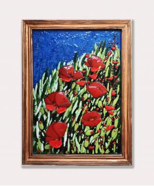 Картина витраж из цветного стекла "поле красных маков"